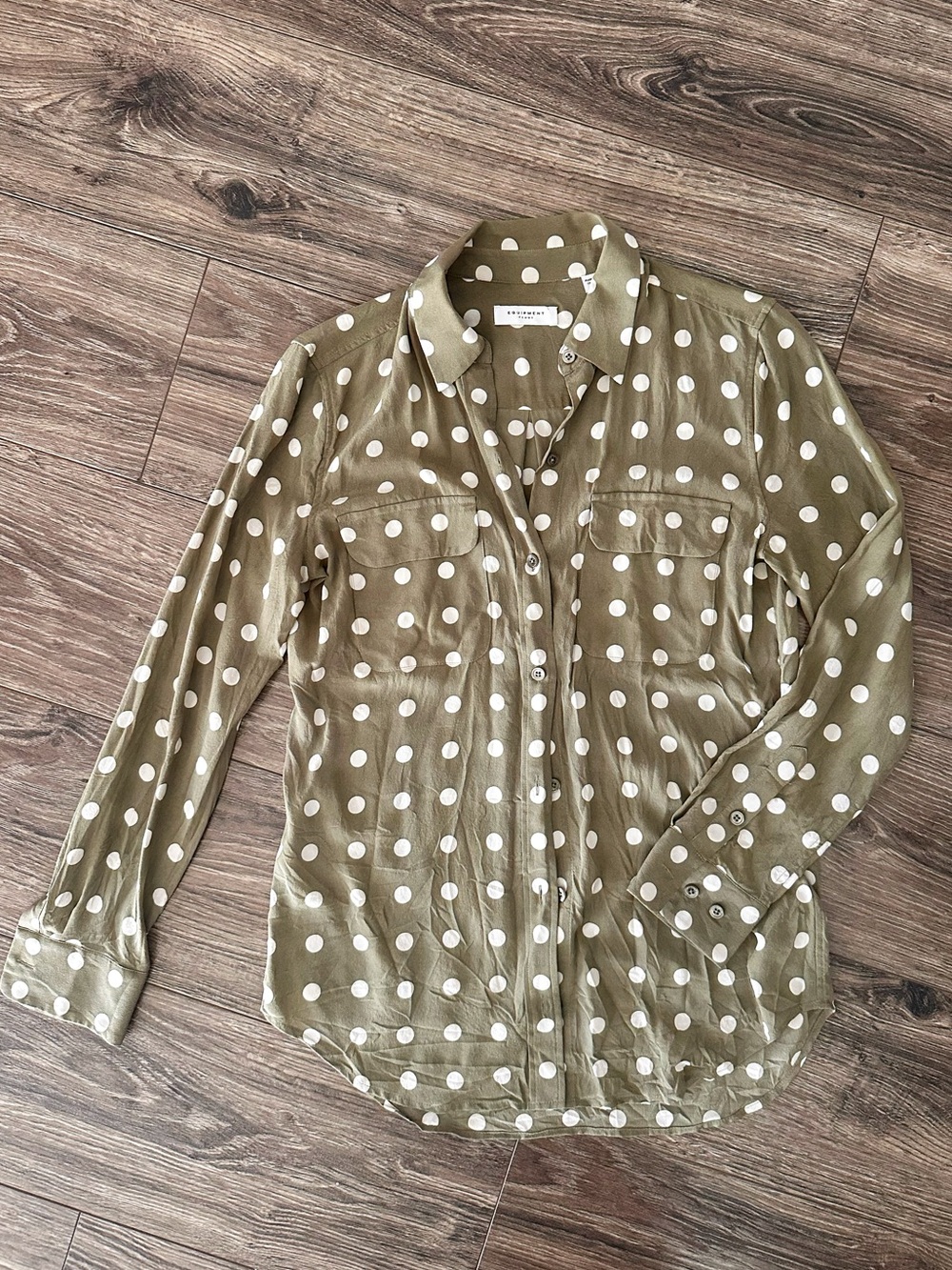 Equipment Olive Green Polka Dot 100% Silk Button-Down Shirt